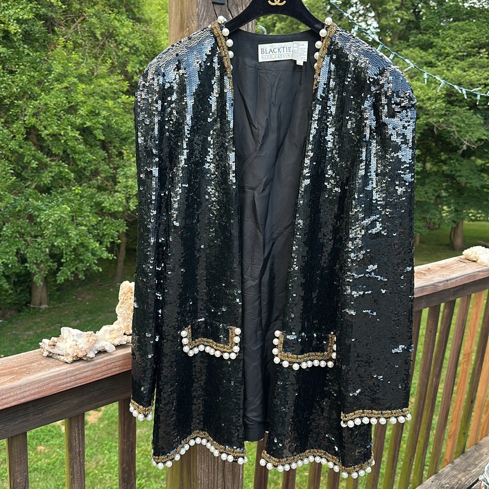 Oleg Cassini Black Tie Vtg Sequin Beaded Luxury Jacket Pearl Details. XL - Picture 10 of 13